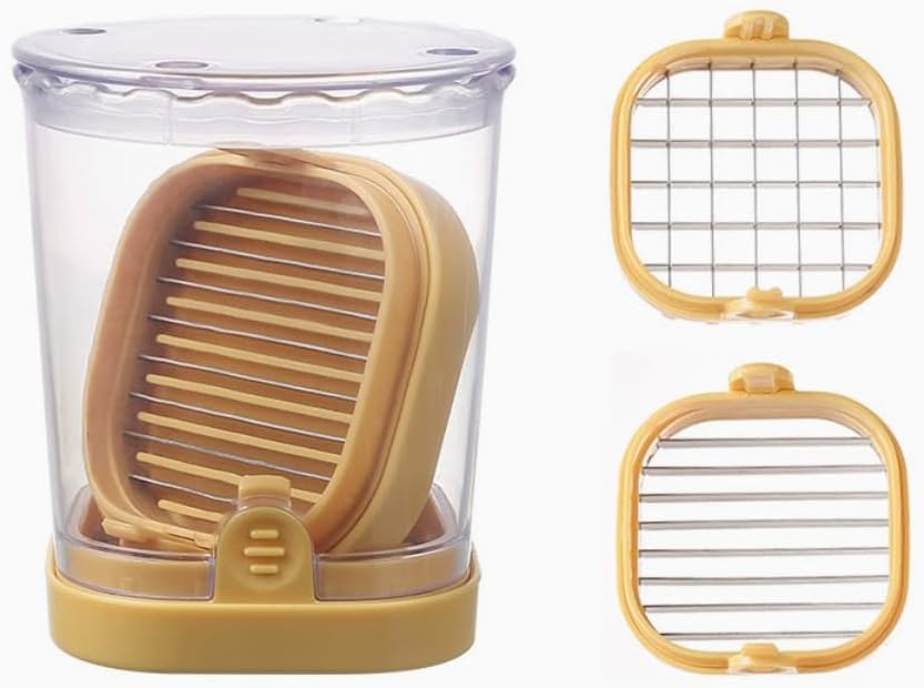 Fruit Slicing Cup - halteoly, 2 in 1 High Speed Cutter for Strawberries, Bananas, Grapes, Eggs etc Stainless Steel Vegetable Dicer, Kitchen Gadget, Kitchen Portable Slicing Tool (Yellow)