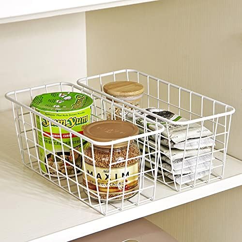 LeleCAT Hanging Kitchen Baskets For Storage Adhesive Sturdy Small Wire Storage Baskets No Drilling Wall Mounted Kitchen Food Pantry Bathroom Shelf Storage, 4 PACK,White