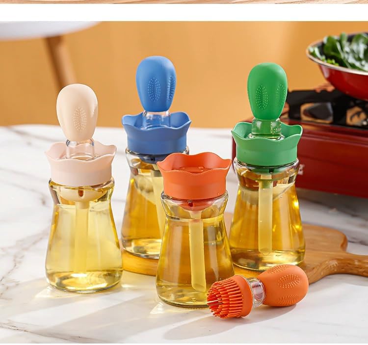 Oil Dispenser Bottle with Silicone Brush, 200ML 2 in 1 Silicone Dropper Measuring Oil Dispenser Bottle for Kitchen Cooking, Frying, Baking, BBQ Pancake, Air Fryer, Marinating - Cream White