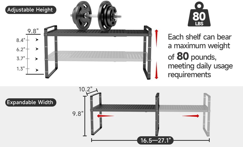 Hole Pattern Expandable Shelf Organizer,2Pack 10.2" Wide Easy to Assemble Cabinet Organizer Shelf, 16.5~27.1" Adjustable Height&Stackable Spice Organization for Cupboard, Black