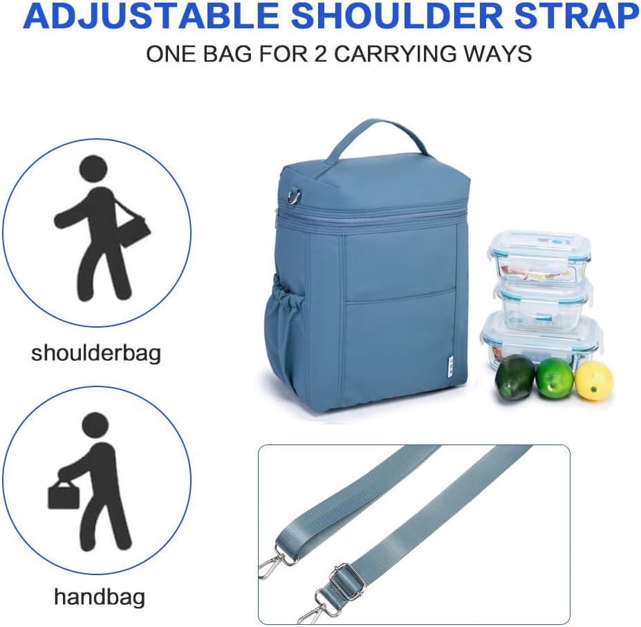 NOL Natural Organic Lifestyle Insulated Lunch Bags for Women Cooler Bag Lightweight Nylon Waterproof Lunch Box For Work (Dusty blue, Large)