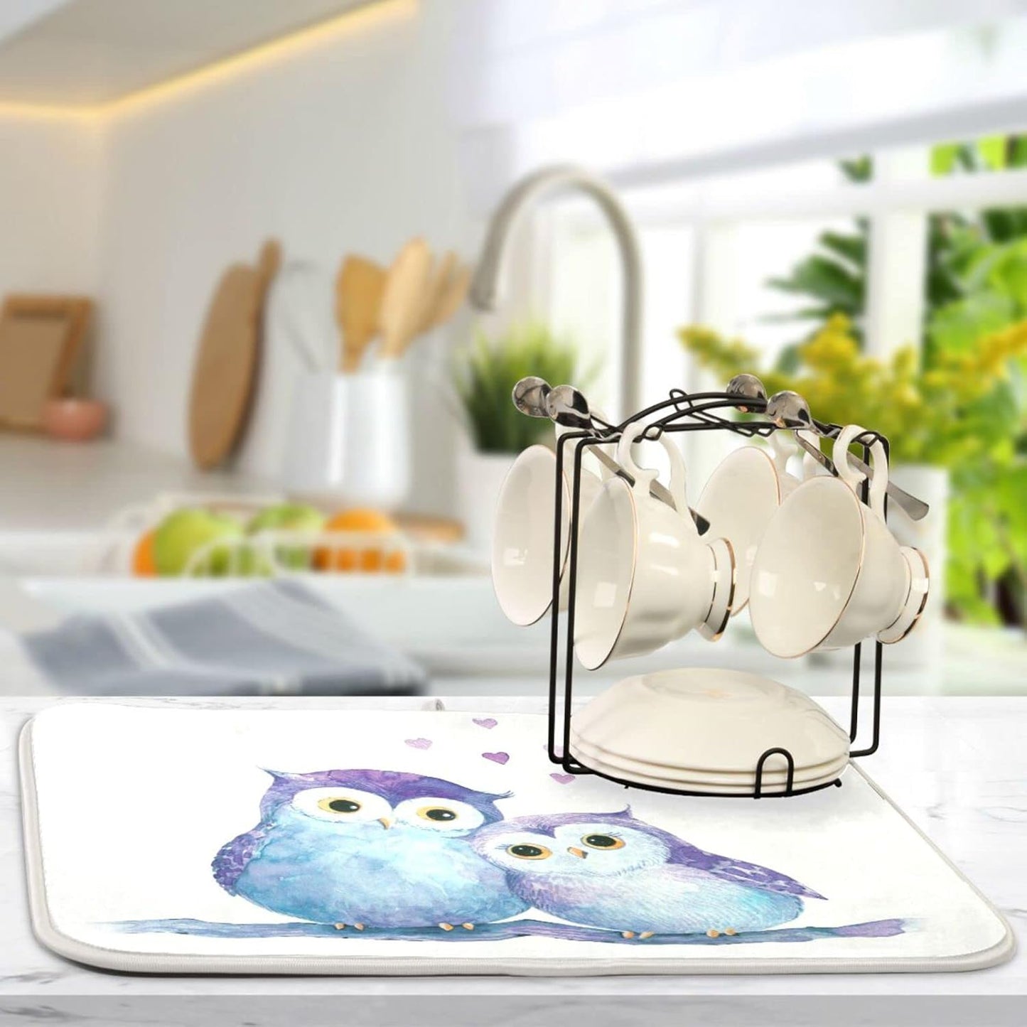 Cute Owl Dish Drying Mat for Kitchen Counter Absorbent Microfiber Drying Pad, Medium 16x18 in, Reversible Drainer Mats