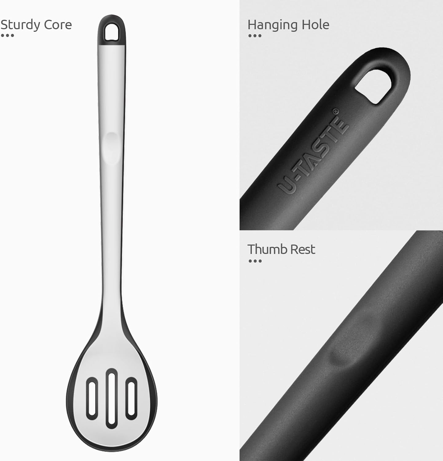 600ºF Heat Resistant Slotted Spoon: U-Taste 13.3in Solid Kitchen Cooking Spoon, Nonstick Food Grade Large & Long Rubber Utensil for Mixing, Serving, Stirring, Basting, Frying, Draining (Black)