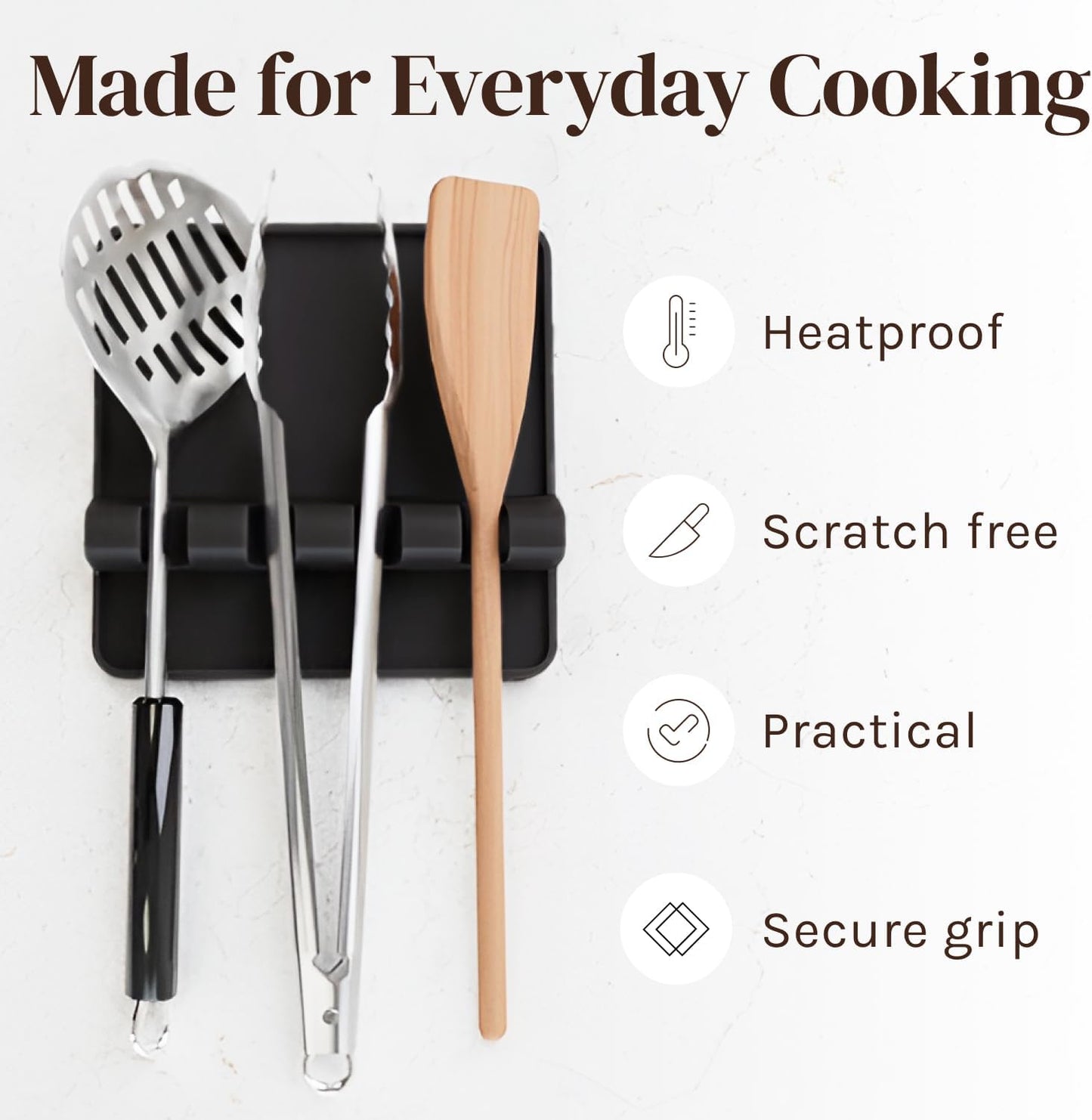 Black Silicone Spoon Rest for Stove Top with Drip Pad (Two Pack) - Heat-Resistant, BPA-Free Utensil Rest & Spoon Holder for Kitchen Counter - Grill Utensil Holder for Spatulas, Tongs, Ladles