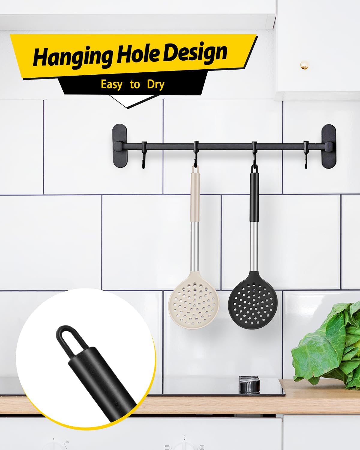 Kitchen Ladle Strainer Set of 2 Large Slotted Spoon with High Heat Resistant BPA Free Non Stick Cooking Skimmers For Draining and Frying (Black-Khaki)