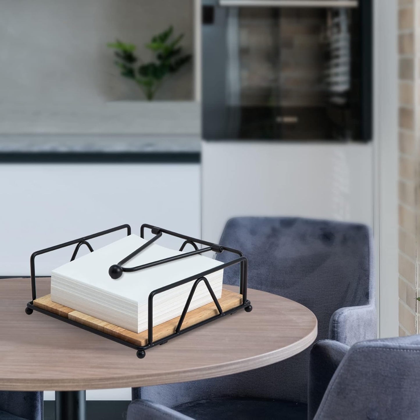 Square Napkin Holder - Durable Table Napkin Dispenser with Weighted Arm, Metal Napkin Storage with Wooden Base, Farmhouse Napkin Holder for Table, Kitchen and Countertops (Black)