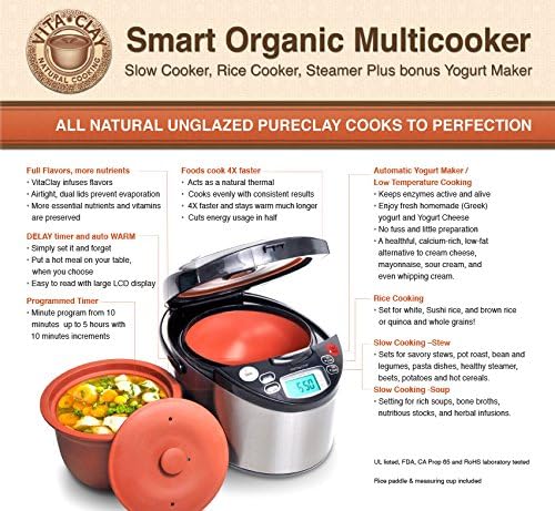 VitaClay Smart Organic Clay Pot Multi Cooker - Toxin Free Clay Rice Cooker, Delay Start Slow Cooker, Stew Cooker, Electric Soup Pot, Yogurt Maker, with Natural Earthen Clay Crock, 6 Cup / 3.2-Quart