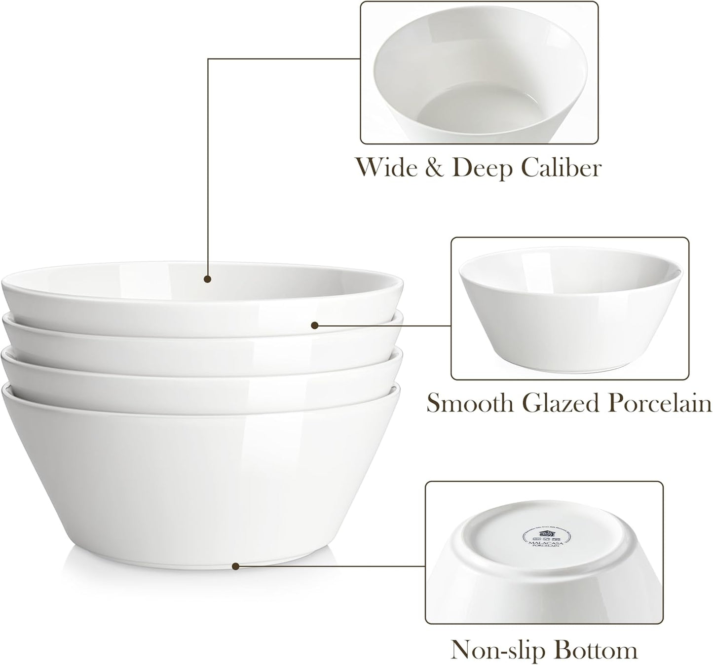 MALACASA Large Salad & Soup Bowls - Set of 4, 60 OZ Porcelain White Bowls for Ramen, Pasta, Pho - Microwave & Dishwasher Safe