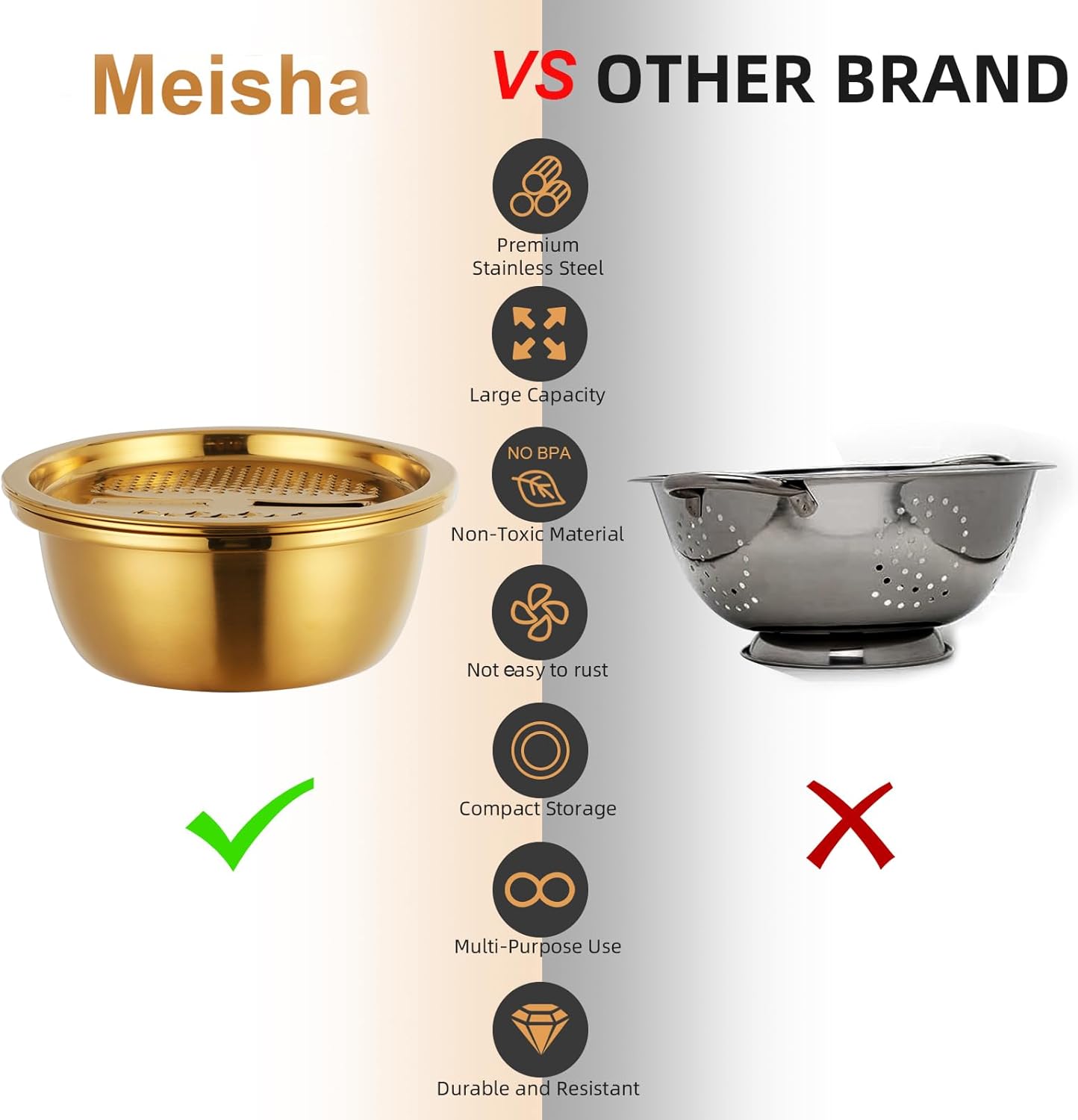 Meisha Colander, 3Pcs Stainless Steel Kitchen Tool 3 in 1 Drain Basket Fruit and Vegetable Cutter Strainer Bowl Set Drain Pot Basket Grater for Fruits Vegetables Rice Washing Mixing - Gold