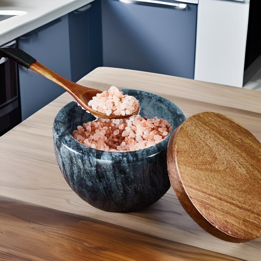 Marble Salt Cellar with Wood Lid, Natural Stone Salt box, Spice Bowl Salt Holder, Seasoning Keeper Pepper Jar, Salt Container for Countertop Kitchen