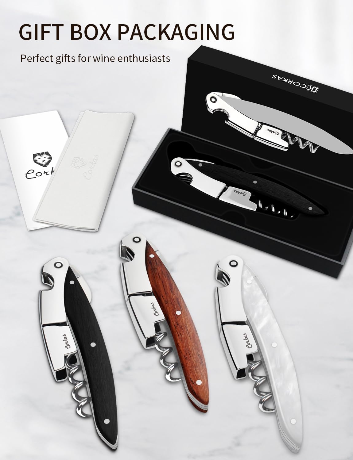 Wine Key - CORKAS Prestige Waiter Corkscrew with Ebony Handle, Handcrafted Wine Opener Manual with Double Hinged, Foil Cutter and Bottle Opener, Ideal Gifts for Sommelier, Bartenders, Servers