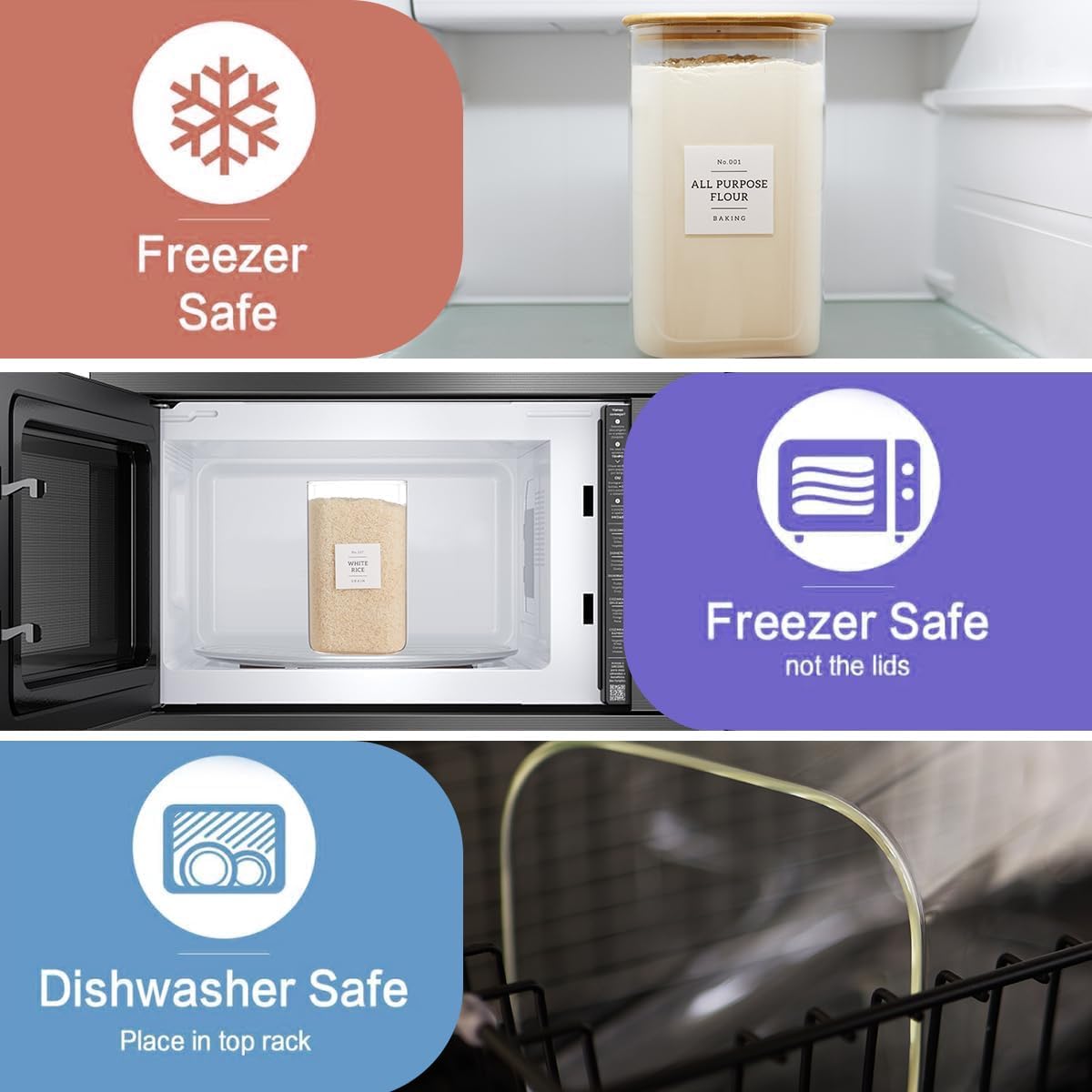 2 Pack Square Glass Flour and Sugar Containers with 132 Kitchen Pantry Labels - Thicken 149 FL OZ Large Glass Storage Jars with Airtight Bamboo Lid - Big Food Canisters for Rice, Pasta, Cookie