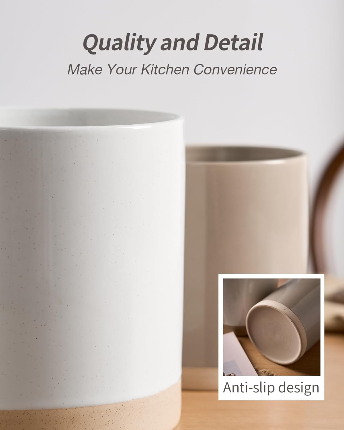 famiware Milkyway Kitchen Utensil Holder for Countertop, Ceramic Cooking Utensil Crocks for Kitchen Counter, Utensil Organizer for Spatula & Spoon, Set of 2, White and Cinnamon Brown