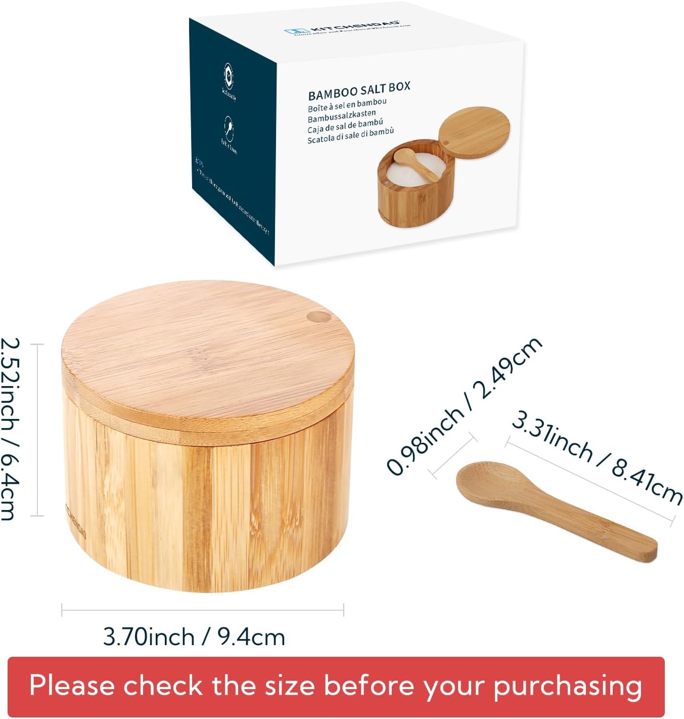 KITCHENDAO Bamboo Salt Cellar Bowl Box Container with Built-in Spoon, Elegant Kitchen Salt Dish Holder Saver Jar with Swivel Magnetic Lid to Storage Pepper Spice, 6OZ