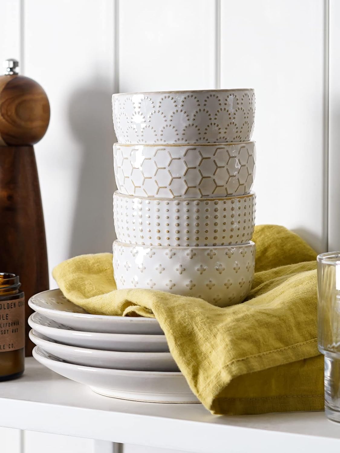 LE TAUCI Small Bowls 7 OZ, Ceramic Embossment Stoneware Bowl for Dipping, Side Dish, Sauce, Appetizer, Dessert, Sushi, Suit For House-warming - 3.5 inch, Set of 4, Arctic white