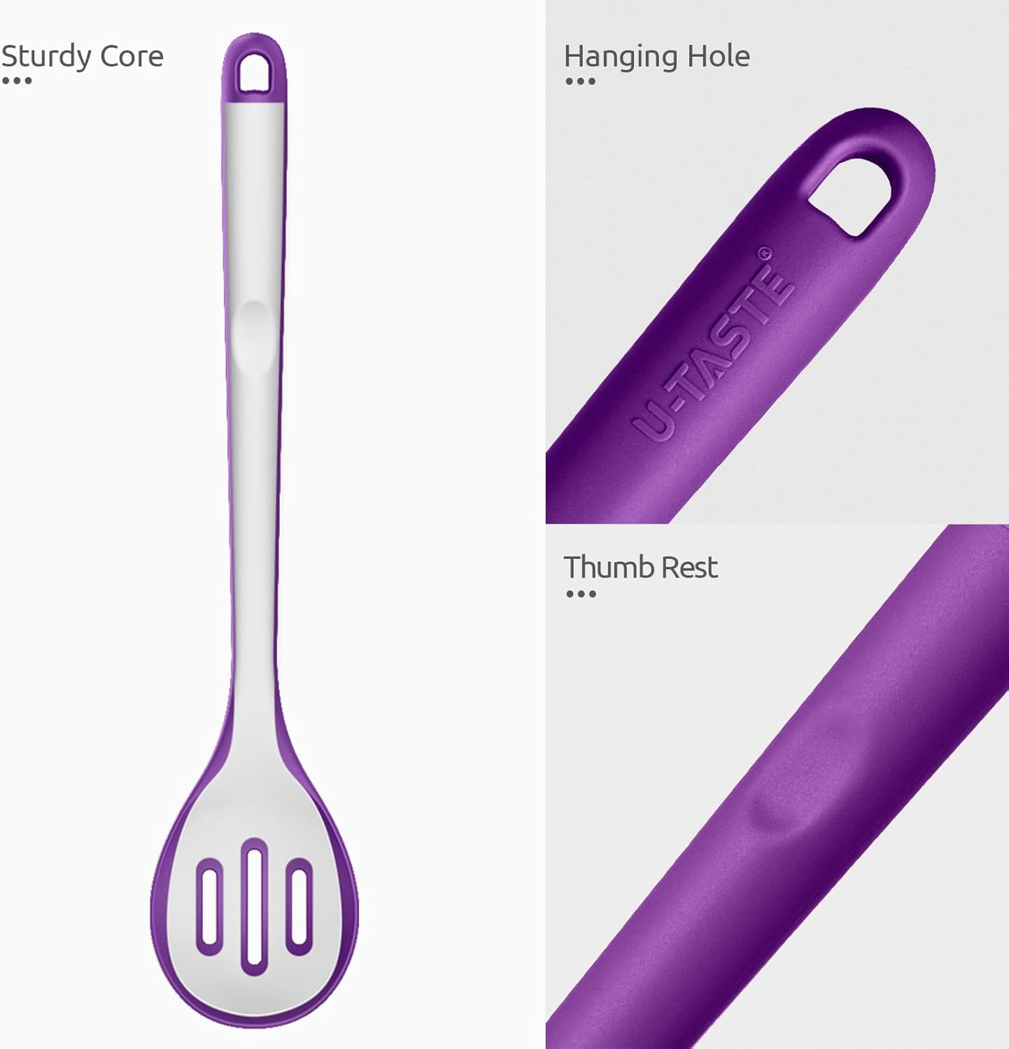 600ºF Heat Resistant Slotted Spoon: U-Taste 13.3in Solid Kitchen Cooking Spoon, Nonstick Food Grade Large & Long Rubber Utensil for Mixing, Serving, Stirring, Basting, Frying, Draining (Purple)