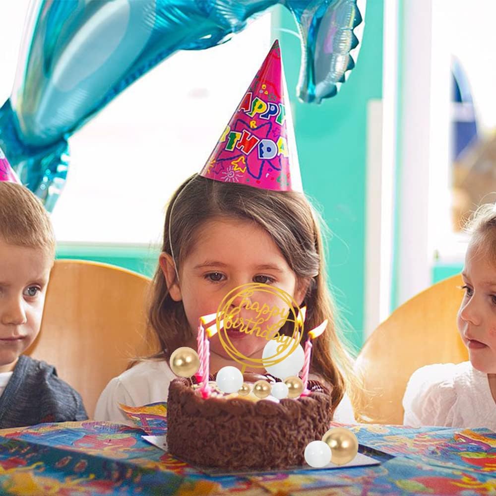 BEISHIDA-Cake Topper Gold 27 Pack Cupcake Topper with Mini Balls, Happy Birthday Acrylic Toppers Insert Pick DIY for Cake Decorations Anniversary Wedding Baby Shower Party (Gold/White)