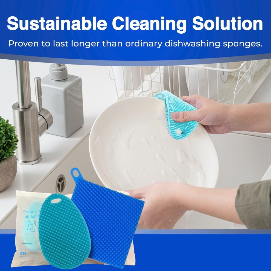 Silicone Dish Sponge Dish Scrubber (Oval and Square) - Dual-Sided, Food Grade Silicone Sponges for Dishes and Housecleaning 2-Pack