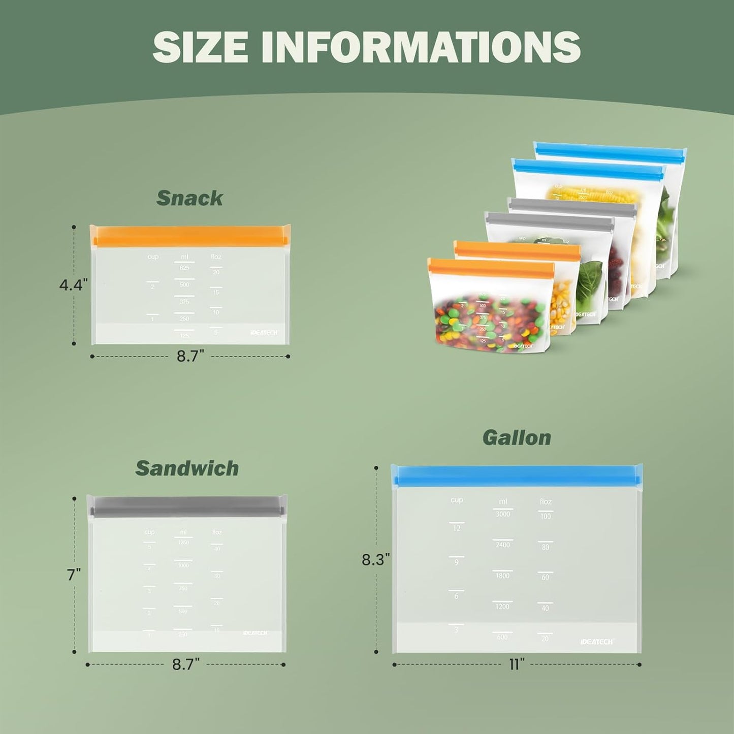 Dishwasher Safe Reusable Storage Bags Stand Up - BPA Free Reusable Sandwich Bags - Leakproof Gallon Freezer Bags, Silicone Food Storage Bags - Multicolor 5 Gallon + 6 Sandwich + 5 Snack Bags