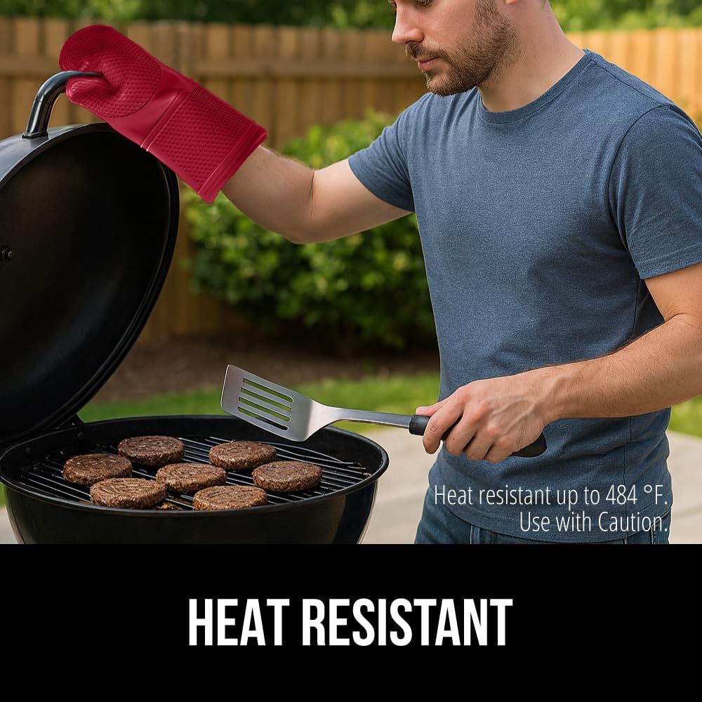 GORILLA GRIP BPA-Free Soft Silicone Oven Mitts, Heat Resistant and Waterproof Cooking Gloves, Thick Cotton Lining, Flexible Gripping for Baking Grilling, Kitchen Potholders Set of 2, 12.5x8.3, Red