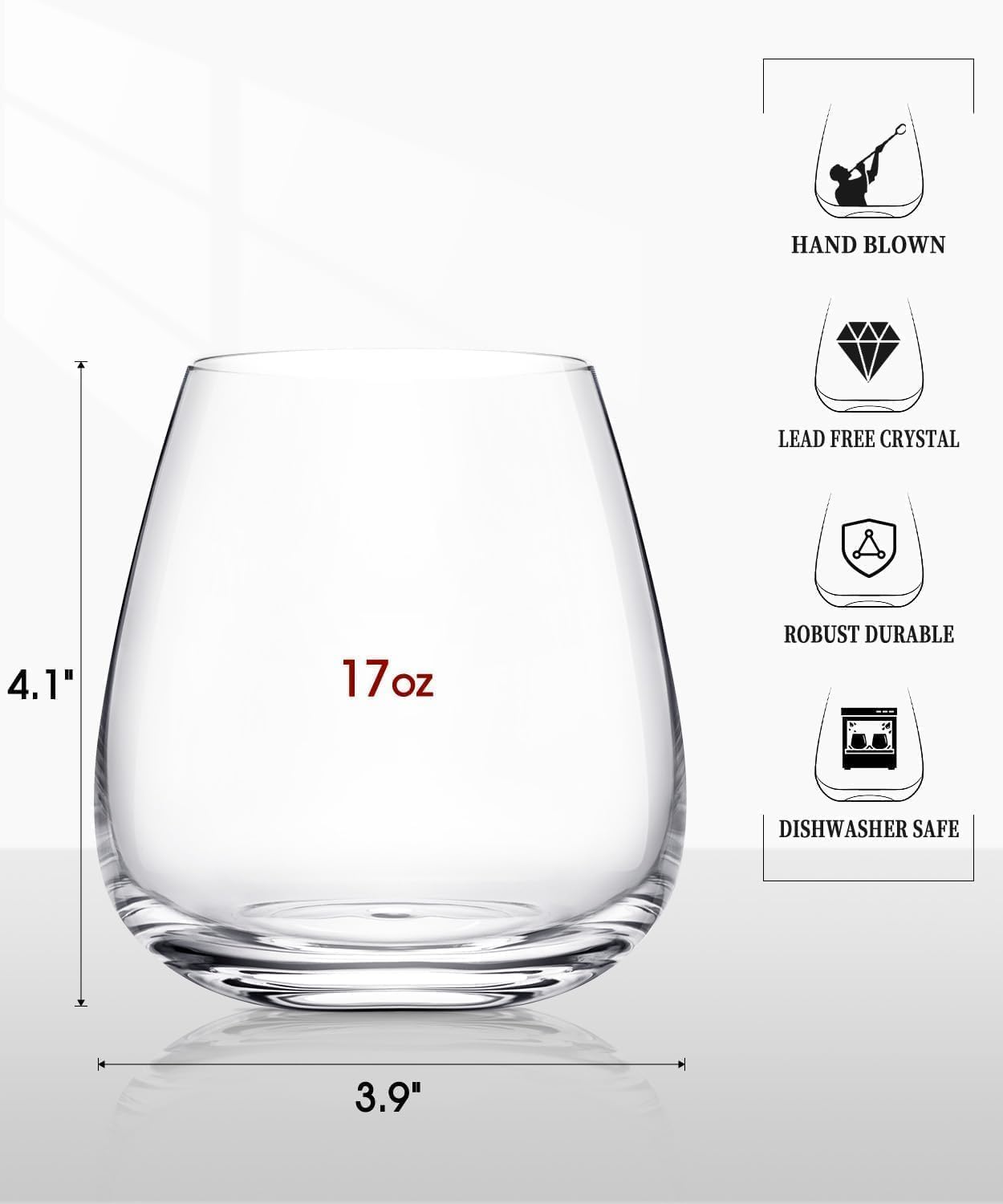 LUNA & MANTHA Stemless Wine Glasses Set of 4(17oz),Hand Blown Crystal for Red & White Wine, Ideal for Daily Use & Special Occasions,|Perfect Gifts for Men, Women