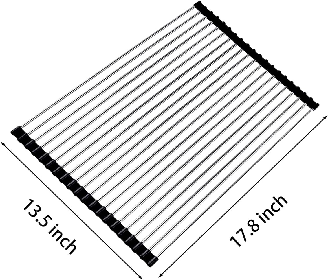 Ahyuan Roll up Dish Drying Rack Over The Sink Kitchen Roll up Sink Drying Rack Stainless Still Portable Drainer Foldable Dish Rack (Black, 17.8''X13.5'')