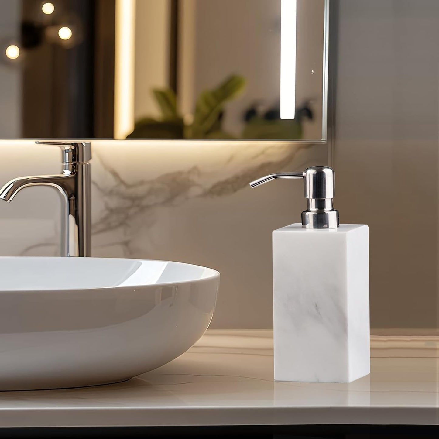 Hand Liquid&Lotion Soap Dispenser Pump Bottle Natural Marble for Kitchen Bathroom Countertop Laundry Room Holds Dish Soap Shampoo Laundry Liquid Shower Gel (Sir White)