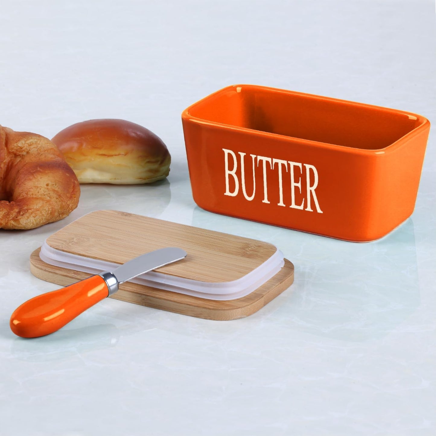 Ceramic Butter Dish with Wooden Lid, Large Butters Container Keeper Storage with Stainless Steel Knife Spreader, Bamboo Cover and Silicone Sealing Ring for West East Coast, Orange