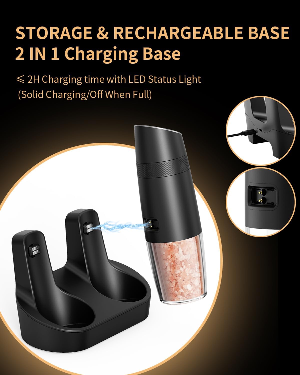 CIRCLE JOY Gravity Electric Salt and Pepper Grinder Set Automatic Shakers Upgraded Pepper Mill with Rechargeable Base, External Adjustable Coarseness, LED Light, Easy Refill for Kitchen & Outdoor