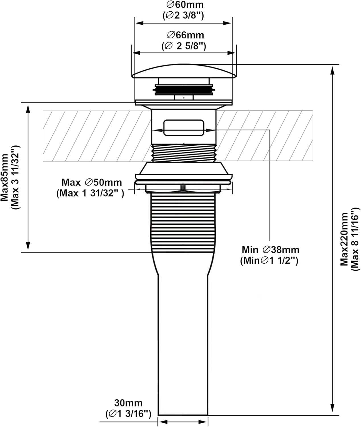 Pop up Sink Drain Stopper for Bathroom Vessel Vanity Sink Art Basin Matte Black ,Big Cap with Overflow, Metal Pop-up Drain Strainer with Detachable Basket Stopper