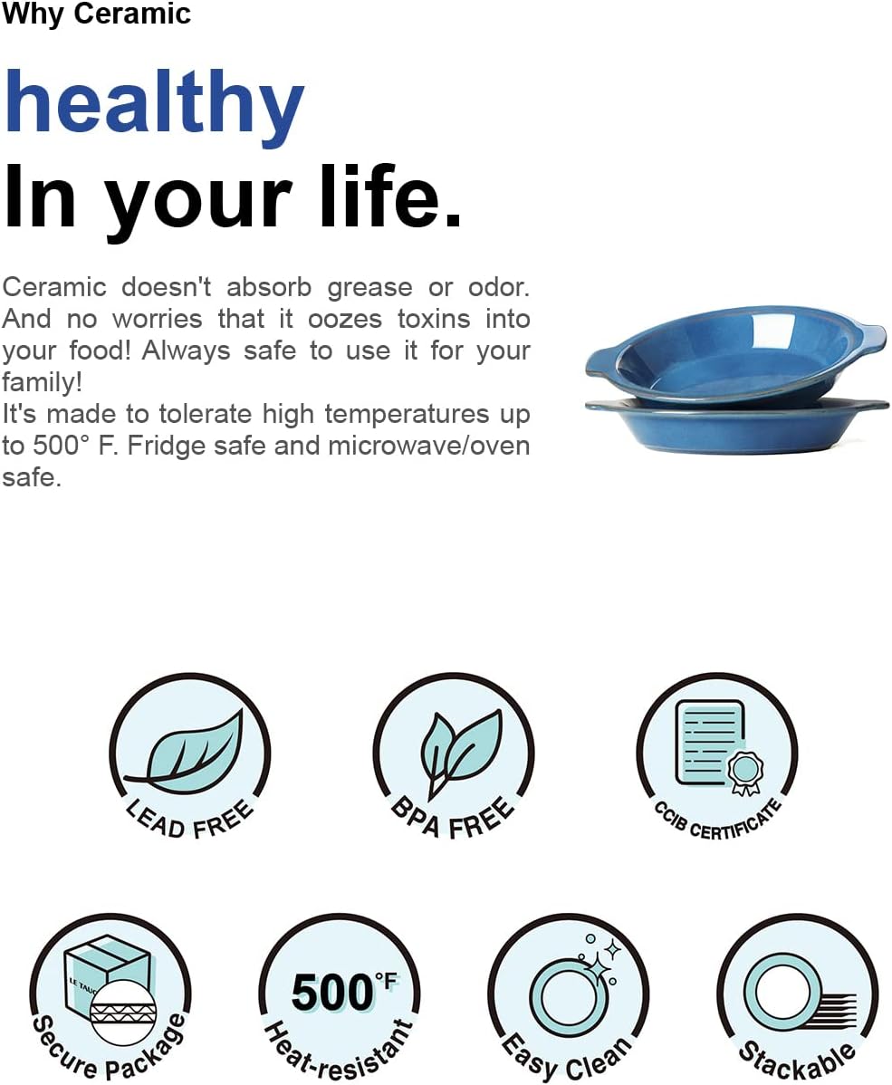 LE TAUCI Ceramic Pie Pans, 9 inch Baking Plates with Handles, Deep Pie Dish for Apple Pie, Pecan Pie, 36 Ounce - Set of 2, Ceylon Blue