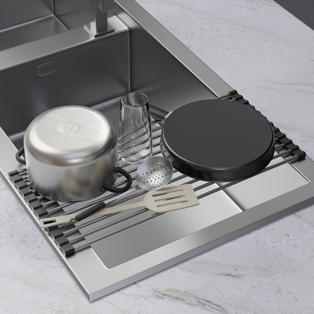 Roll Up Dish Drying Rack, Stainless Kitchen Accessories, Foldable Dish Rack, Anti-Slip Design Sink Counter Storage, Over The Sink Dish Rack, Stainless Steel, (17.5" x 12") Gray