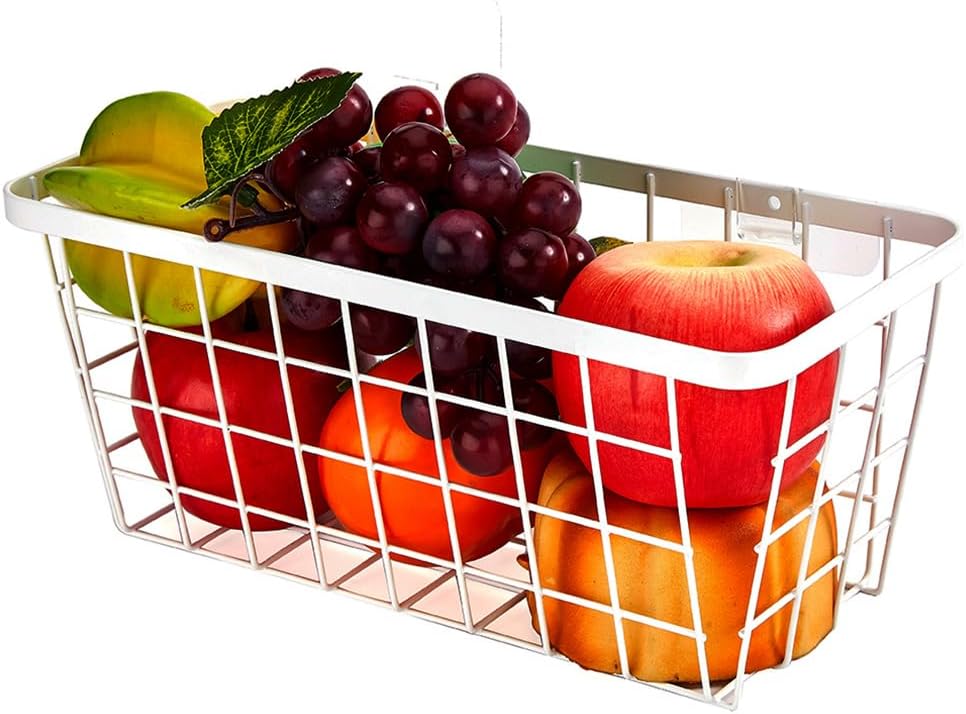 2 Set LeleCAT Hanging Wall Basket Organizer, Over the Cabinet Door Adhesive Wire Baskets for Organizing Kitchen Food Pantry Bathroom Shelf Storage No Drilling Wall Mounted,White