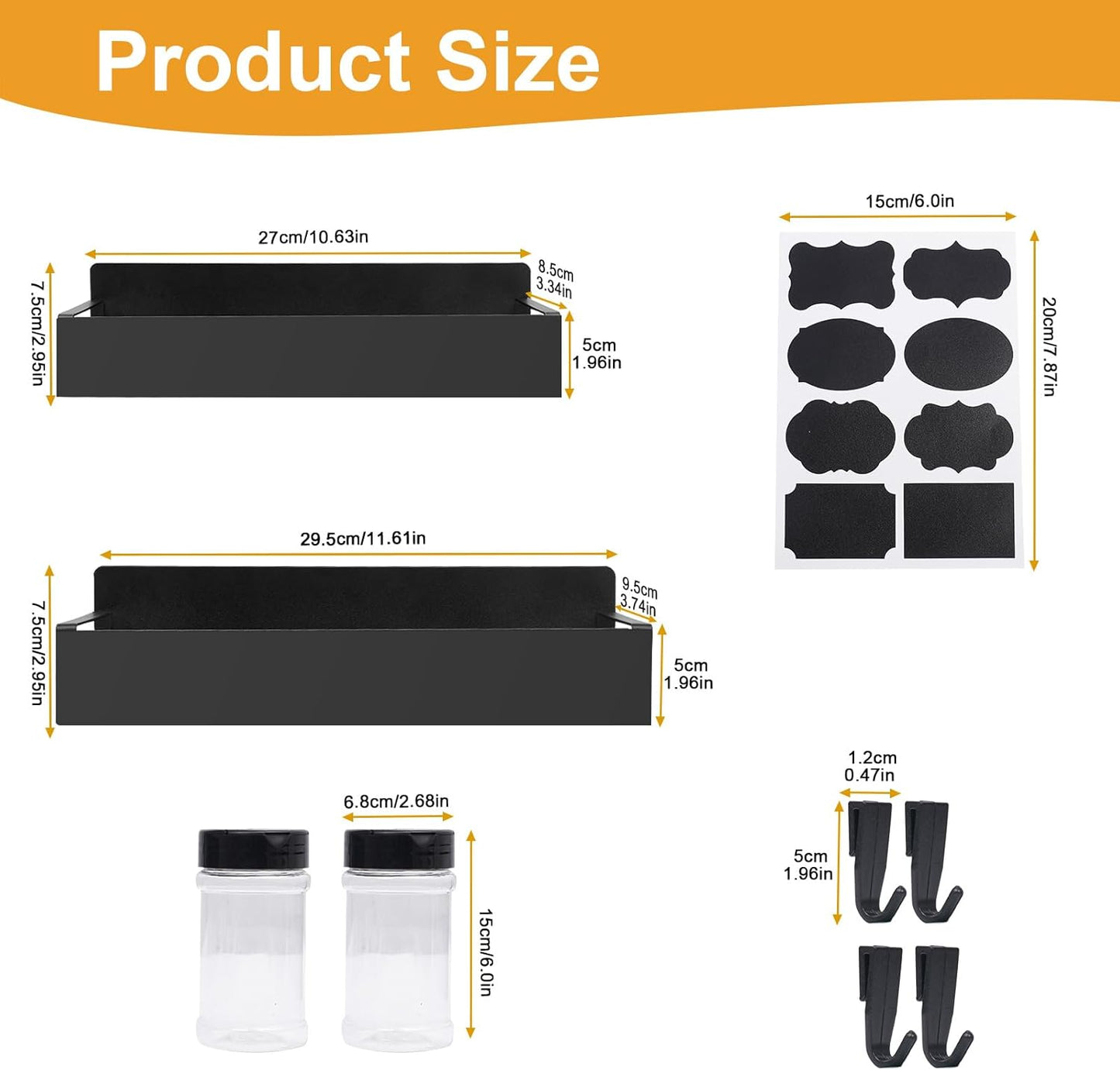 2 Pack Magnetic Spice Rack for Refrigerator,Metal Magnetic Shelf Black with 2 Jars,1 Label,4 Hooks,Space Saving for Home,Kitchen