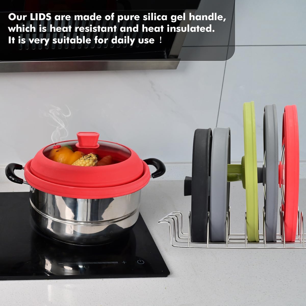 Microwave Splatter Cover Glass Splatter Guard Lid with Collapsible Silicone for Food Pot Plate Cover 10.8 inch Red