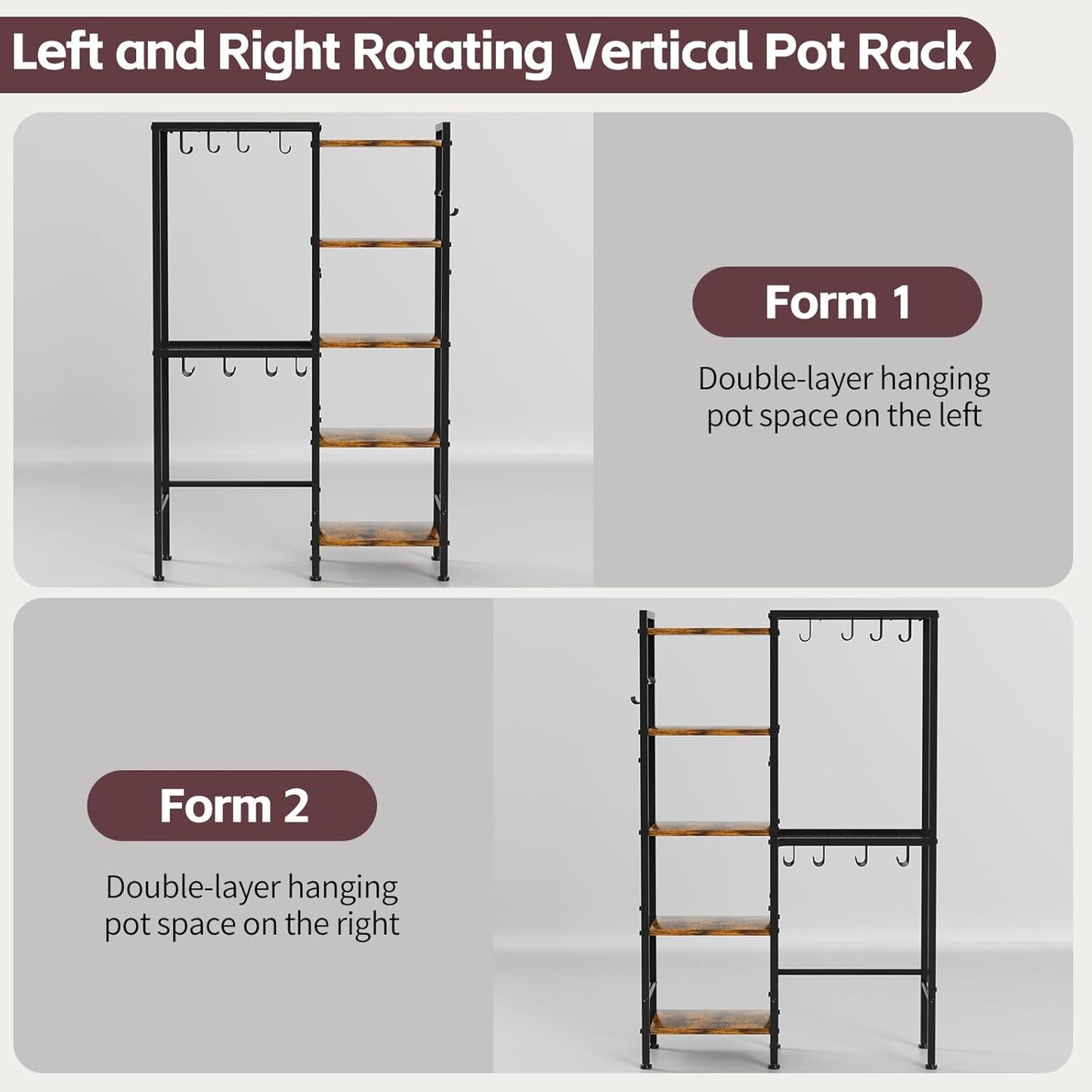 5-Tier Pot and Pan Organizer Rack with Hooks, Heavy-Duty Kitchen Storage Shelf for Cookware, Dishes, and Utensils, Freestanding Metal Pot Rack Organizer for Kitchen, Pantry, or Dining Room