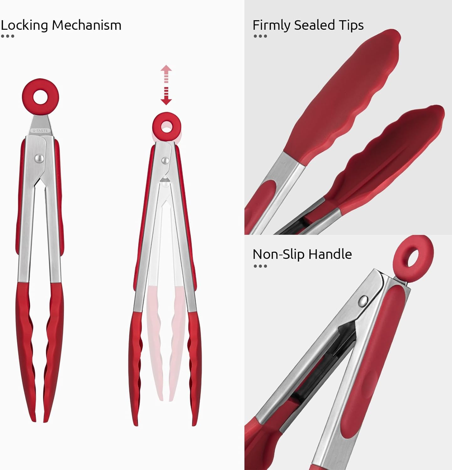 600ºF Heat Resistant Kitchen Tong: U-Taste 7 inch Silicone Cooking Tong with Firm Sealed Non Stick Rubber Tips & Silicon Coated 18/8 Stainless Steel Handle & Smooth Locking for Serving Salad (Red)