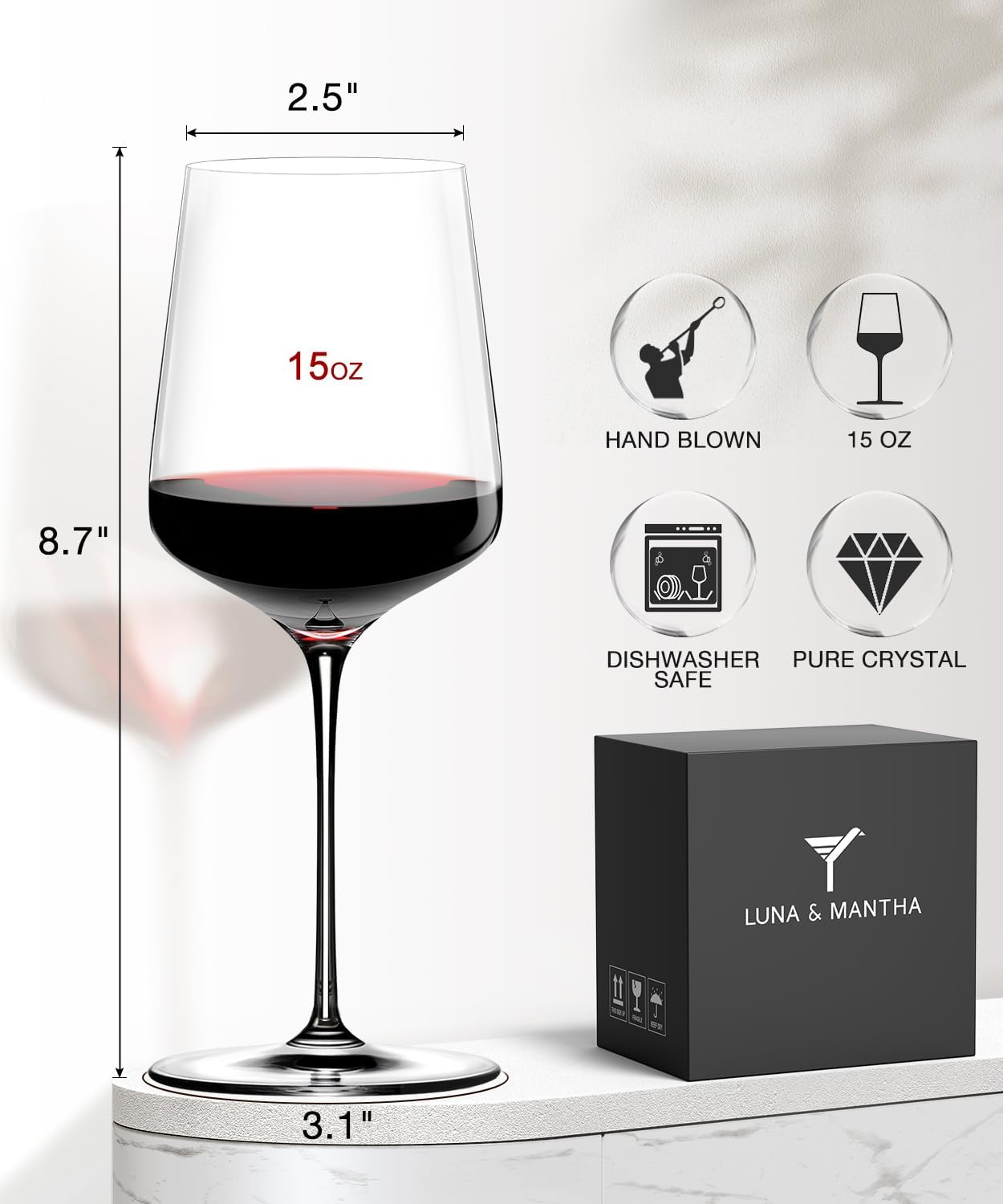 LUNA & MANTHA Wine Glasses Set of 4, 15 oz Hand Blown Crystal Red White Wine Glasses with Stem, Ideal Gift for Set, Toasting at Weddings or Birthdays