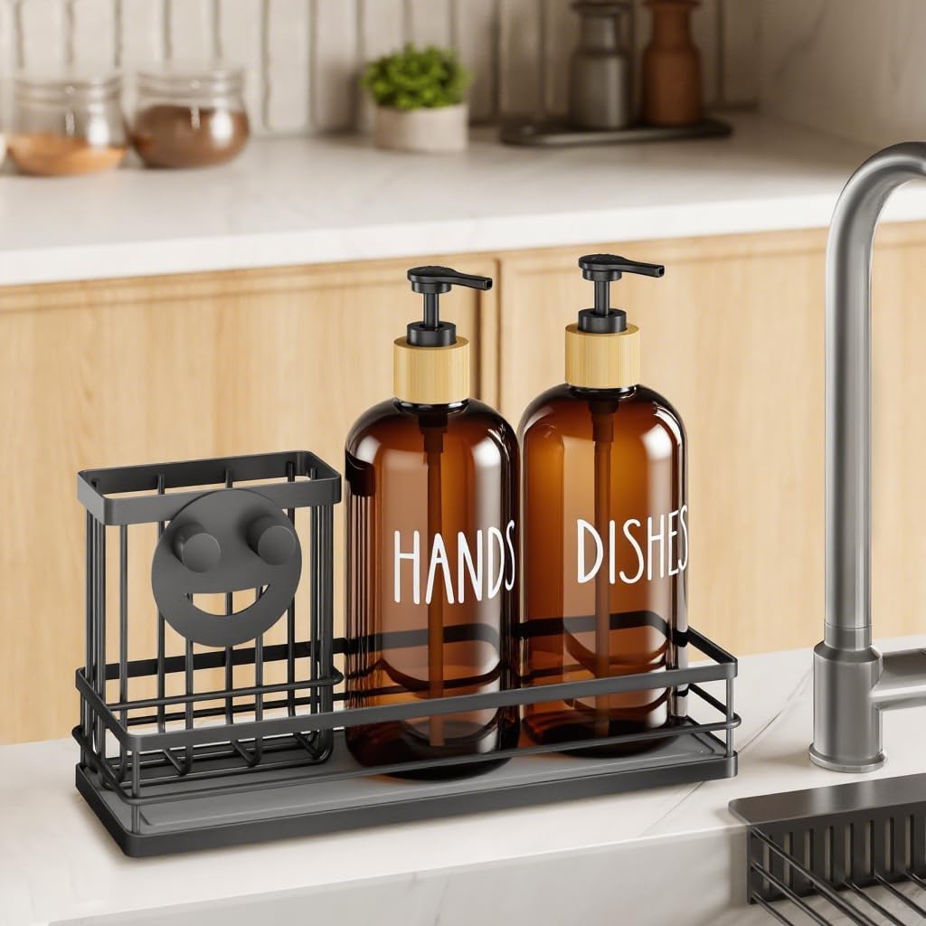 Moforoco Kitchen Dish Soap Dispenser Set, 16OZ Glass Bottle, Hand and Dish Soap Dispenser Set, Instant Dry Tray, Non-Slip Silicone Pad, Brush Holder with Sponge Holder, Kitchen Decor(Amber Bottle)