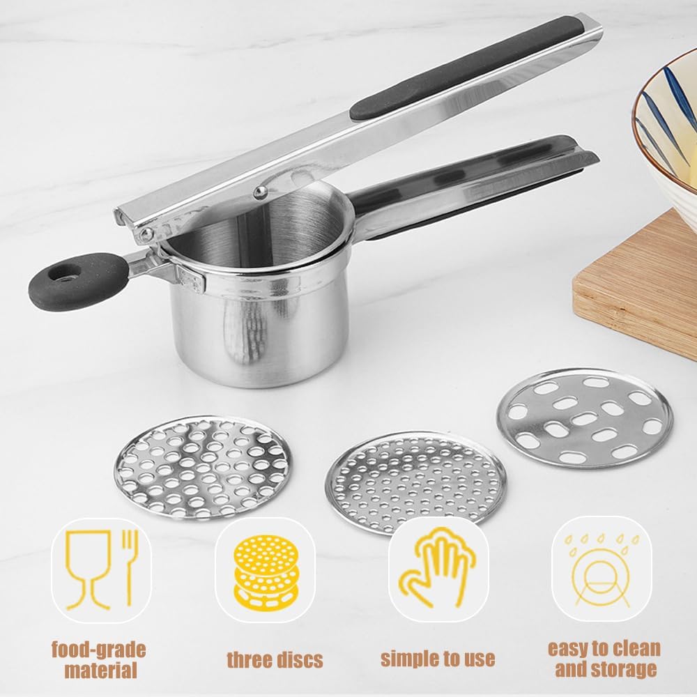 Potato Ricer and Masher, Heavy Duty Large Stainless Steel Potato Masher with 3 Interchangeable Discs Kitchen Gadget Finds for Home and Commercial Use