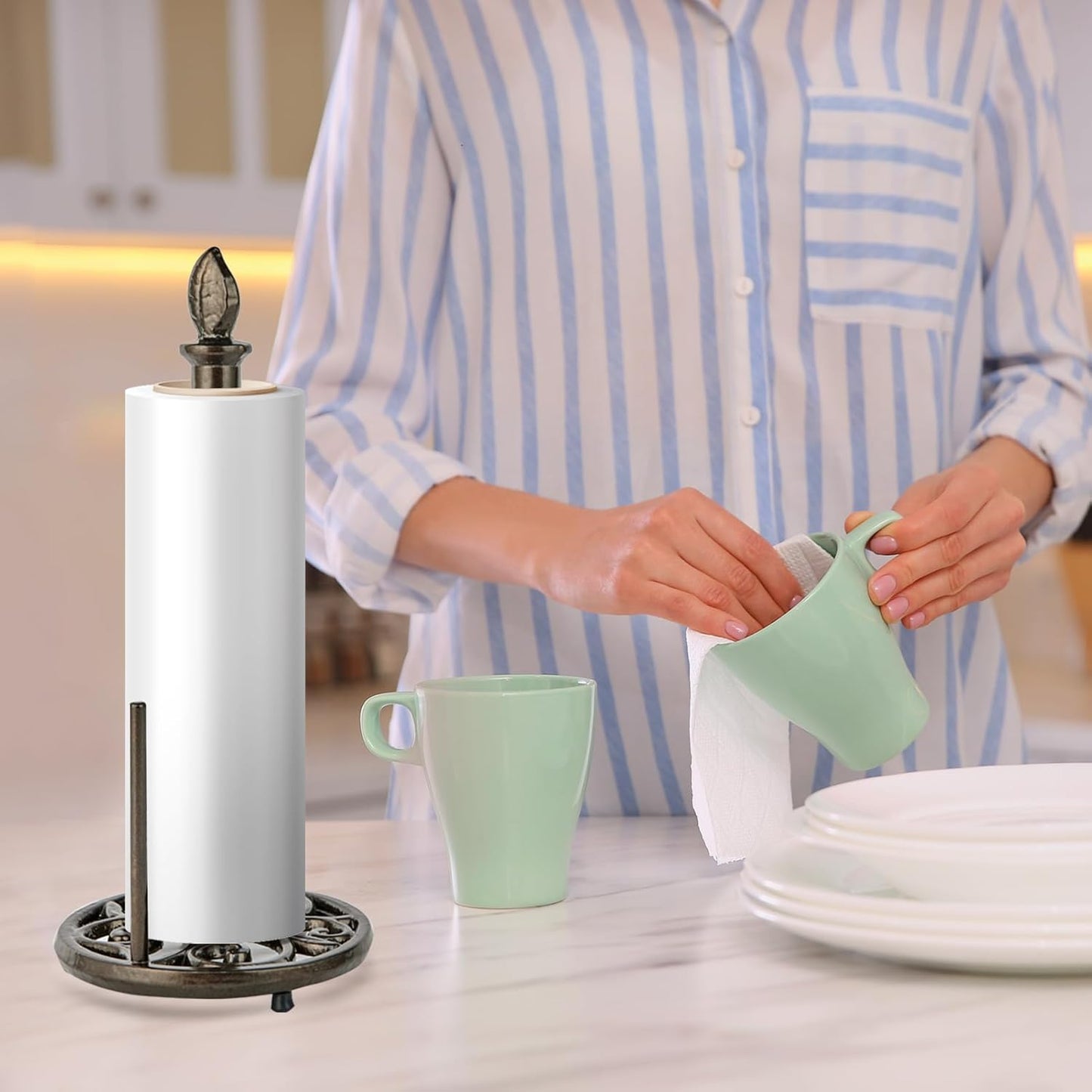 JOGREFUL Paper Towel Holder Stand, Cast Iron Kitchen Paper Towel Countertop Vintage Stand with Weighted-Base, Bathroom Organization for Family Standard Large Size Roll Paper, Leaf Top, Coffee Gold