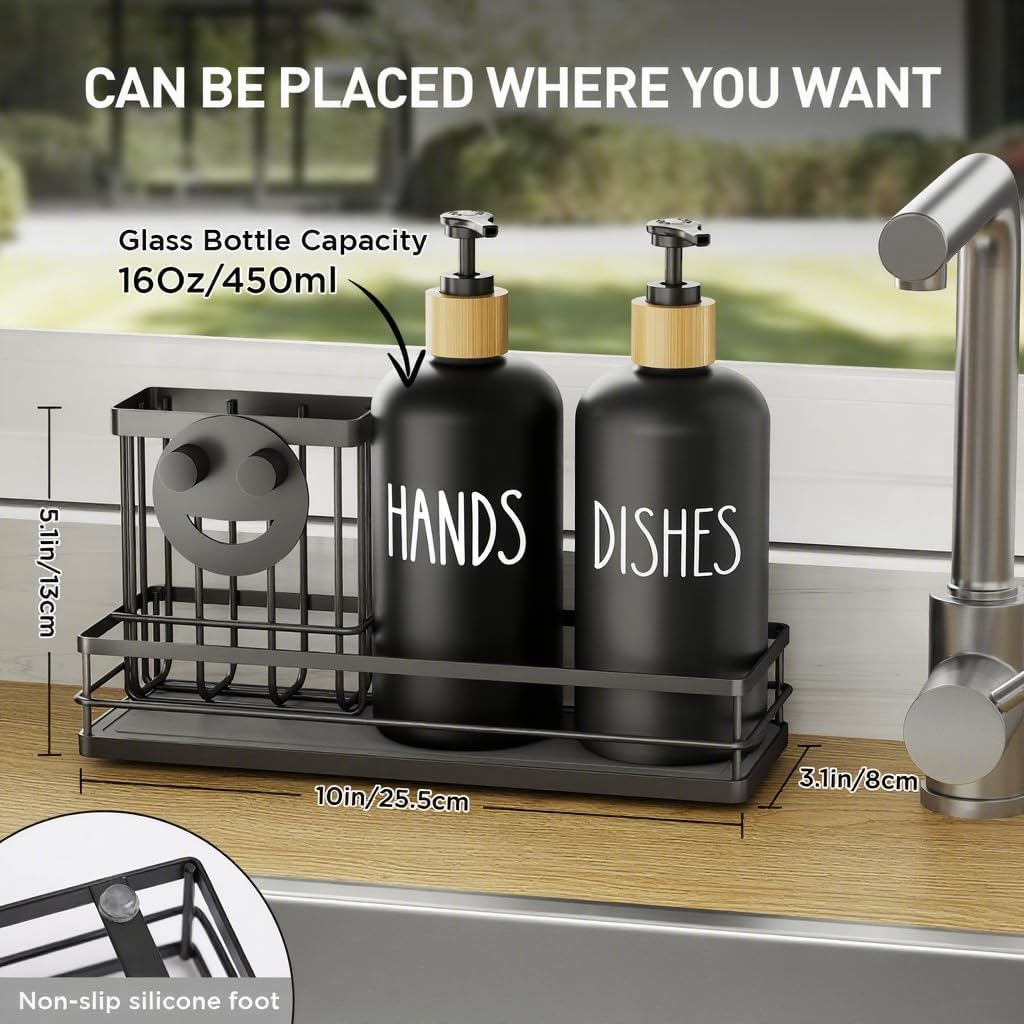 Moforoco Kitchen Dish Soap Dispenser Set, 16OZ Glass Bottle, Hand and Dish Soap Dispenser Set, Instant Dry Tray, Non-Slip Silicone Pad, Brush Holder with Smiley Face Sponge Holder(Black)