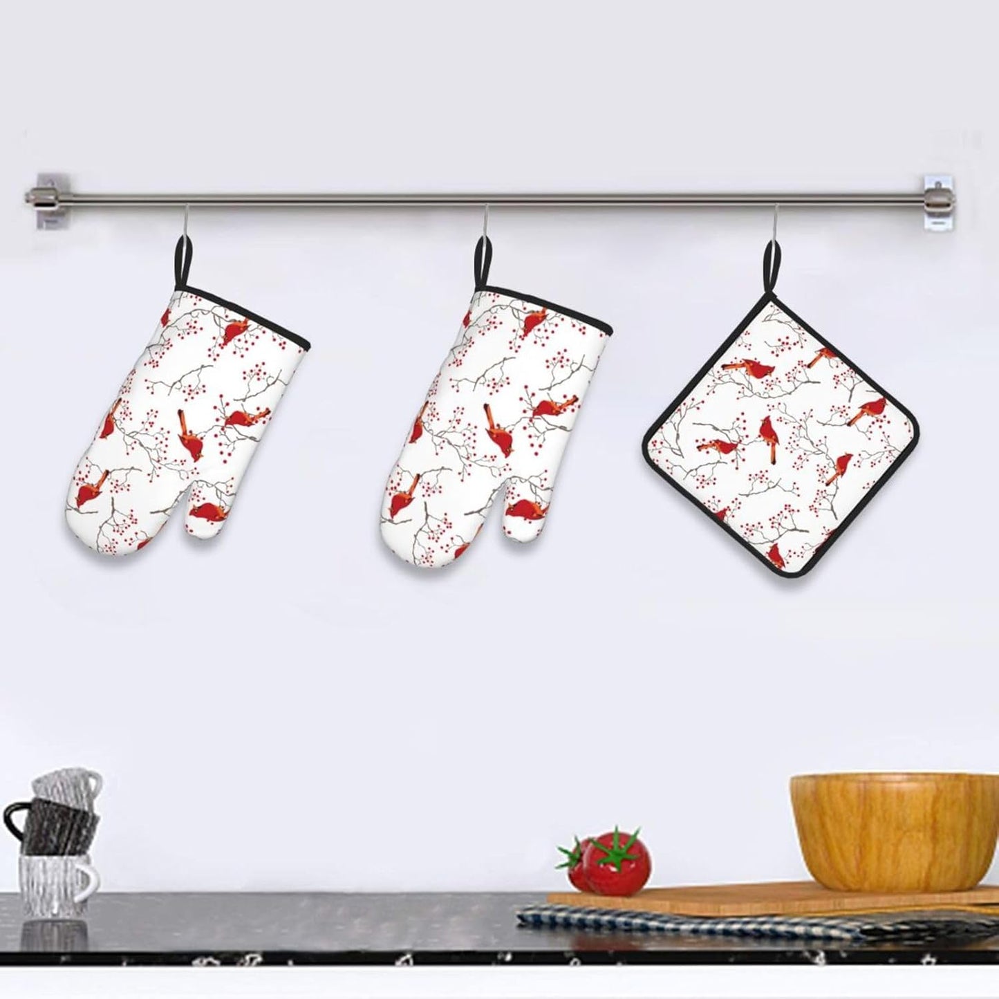 Cardinal Bird Red Berry Decor Oven Mitts and Pot Holders Sets of 3 Heat Resistant Non Slip BBQ Gloves for Cooking Grilling Baking Holiday Kitchen Decor