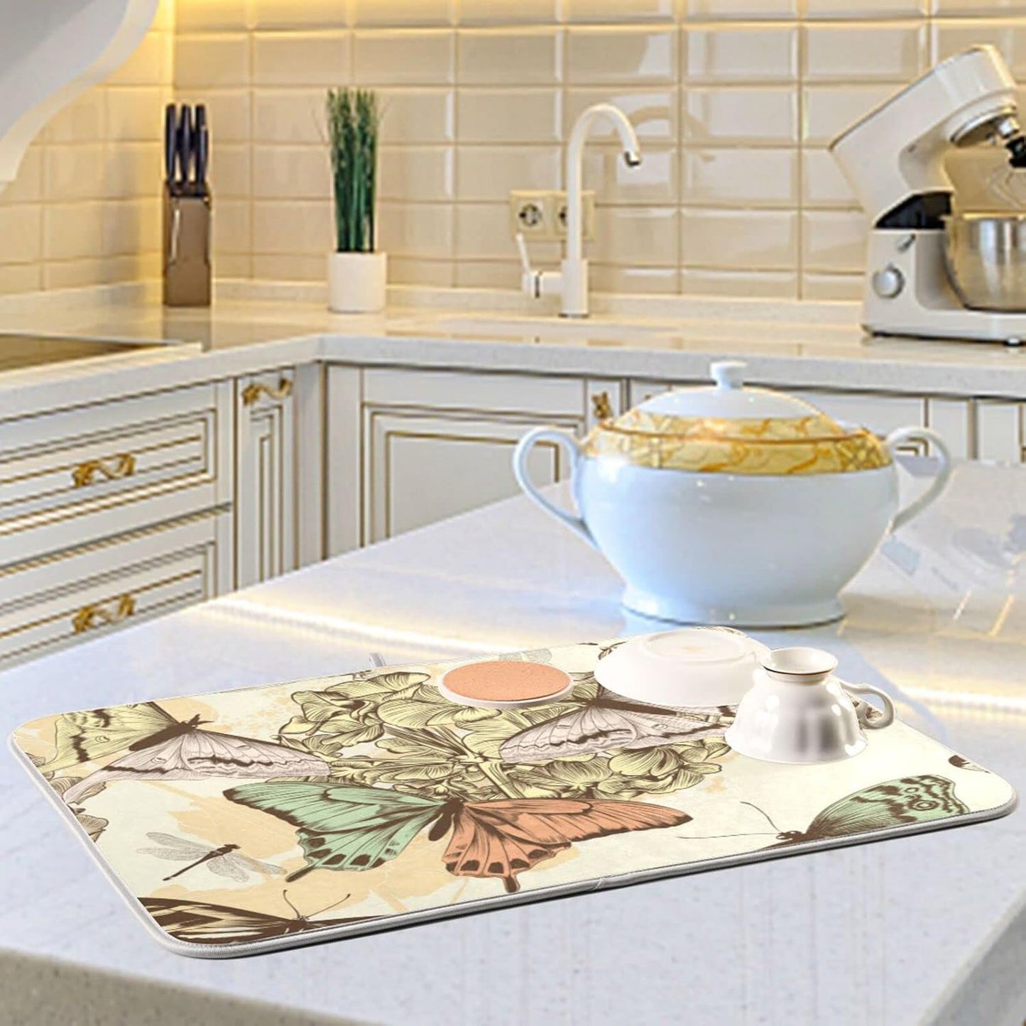 senya Super Absorbent Dish Drying Mat, Microfiber Fast-Drying 24'' x 18'', Kitchen Pad, Retro Butterfly