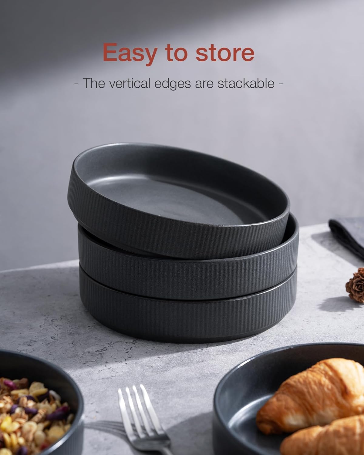 famiware Star 7.5" Pasta Bowls Set, Salad Bowl Set of 4, Double Reactive Glaze, Stackable, Ideal for Your Friend for Housewarming, Festivals, Matte Dark Charcoal (Full Glaze)