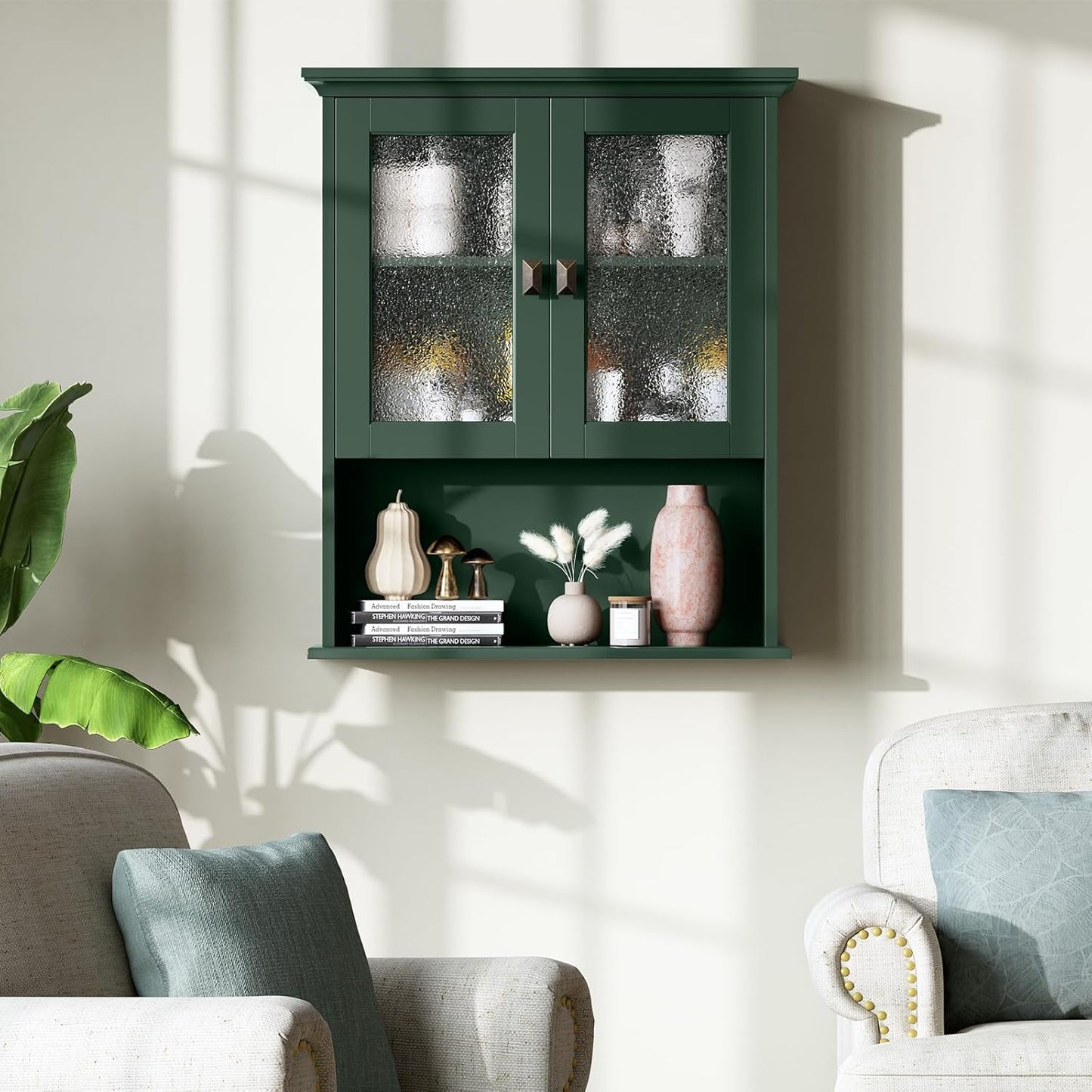 Bathroom Cabinet Wall Mount, Medicine Cabinet Over Toilet Storage Cabinet with Glass Door Build-in Spirit Level Cupboard Hanging Storage for Bathroom Laundry Kitchen Living Room (Forest Green)