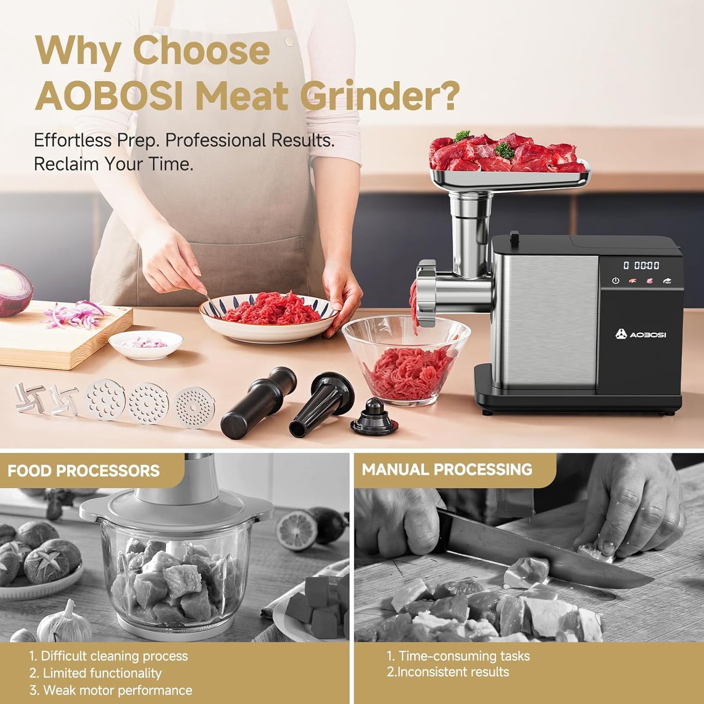 AAOBOSI Meat Grinder Electric 3000W Max with Touch Color Screen, Auto-Reverse & Built-in Storage - 3 Speed Settings,Grinding, Sausage & Kibbe Making for Home Use, Stainless Steel