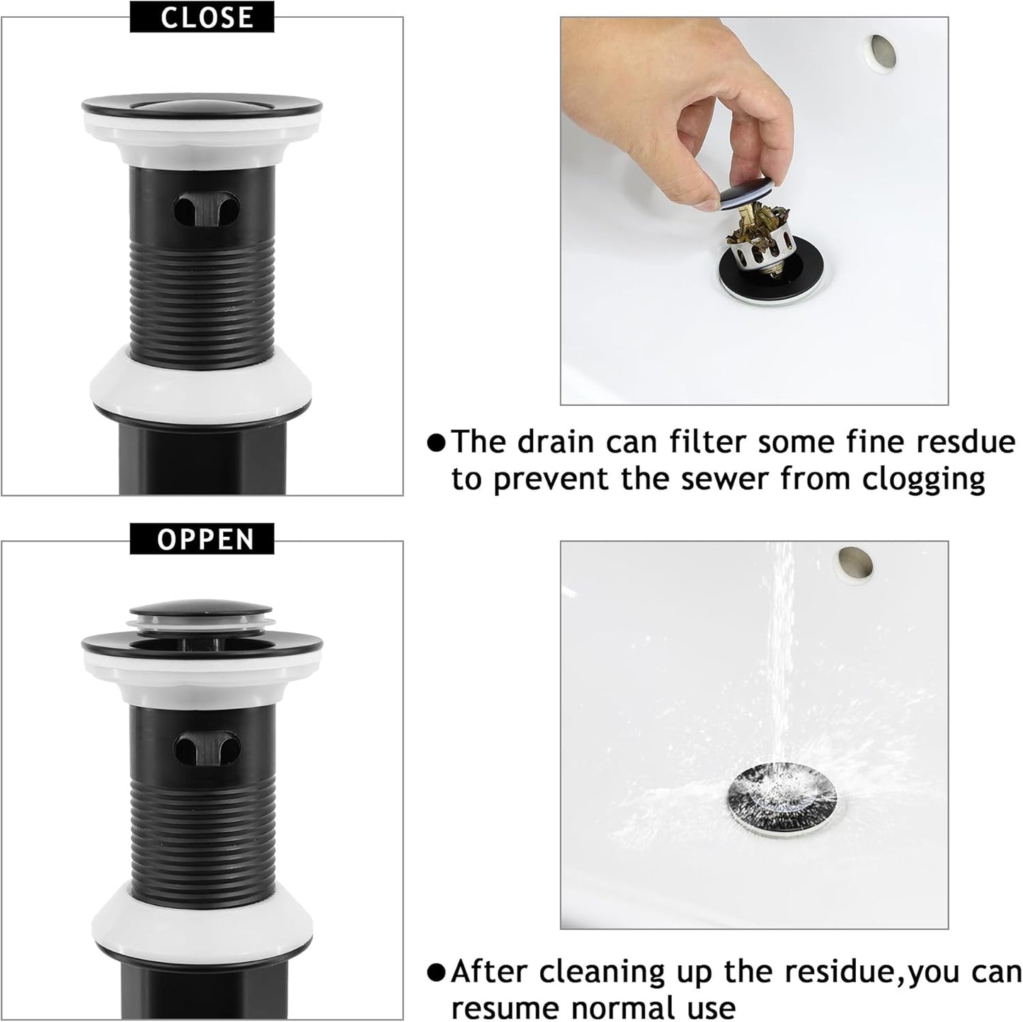 Bathroom Sink Drain,Drain Stopper Bathroom Sink Without Overflow,Small Cap Pop Up Drain Assembly with Detachable Strainer Basket,Built-in Anti-Clogging, Stainless Steel Nut Matte Black