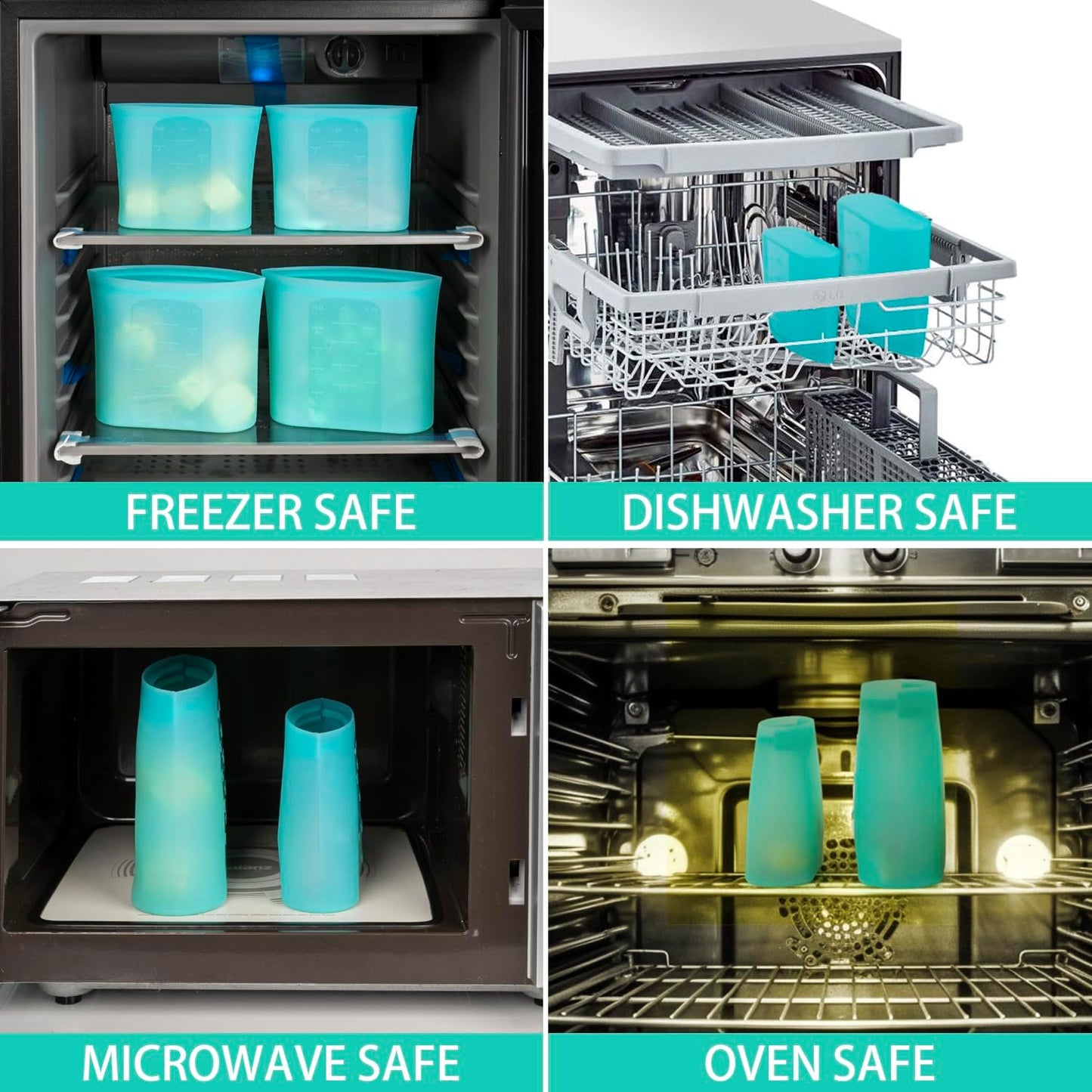 Reusable Sandwich & Snack Bags, 8 Pack 100% Silicone Food Storage Bags Stand Up Zip Lock for Food Container, Freezer Microwave Oven Dishwasher Safe, 4 Small 4 Extra Small, Aqua