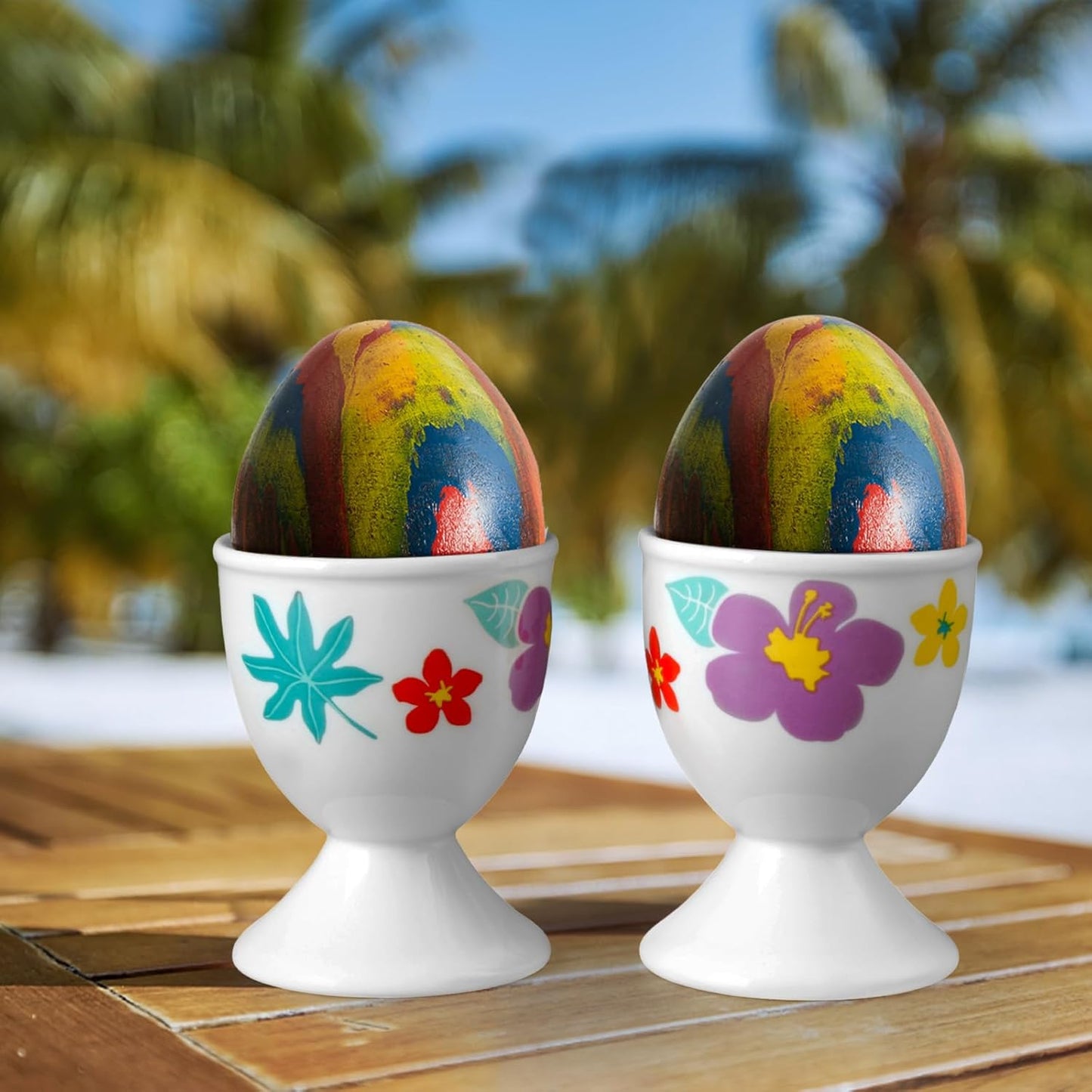 Cinf Ceramic Egg Cups Hawaii Flower Set of 2 Porcelain Holder Breakfast Boiled Cooking Easy to Clean Childhood Memories Kitchen